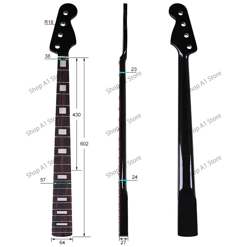Four-string bass neck 20 frets black bright electric guitar work in progress neck modification DIY musical instrument