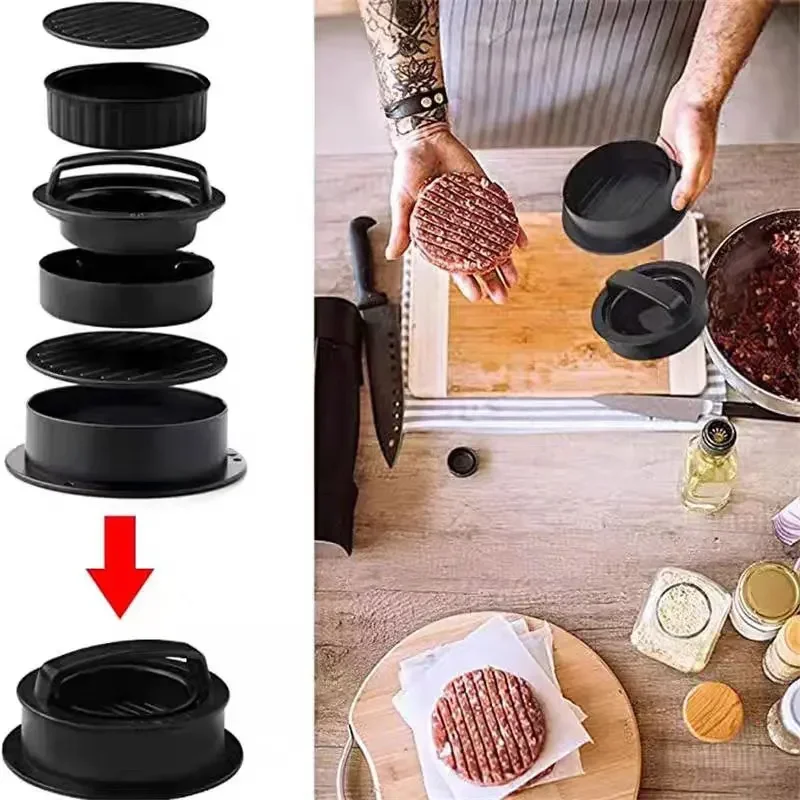 3 In 1 Beef Veggie Hamburger Meat Press Maker Patty Round Shape Non-Stick Stuffed Hamburger Mold Make Patty Blotting Oil Paper