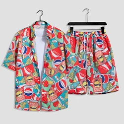 Camisa de manga curta masculina e shorts, roupas havaianas de férias masculinas, moda casual, moda praia solta de verão, 2 peças, 2024