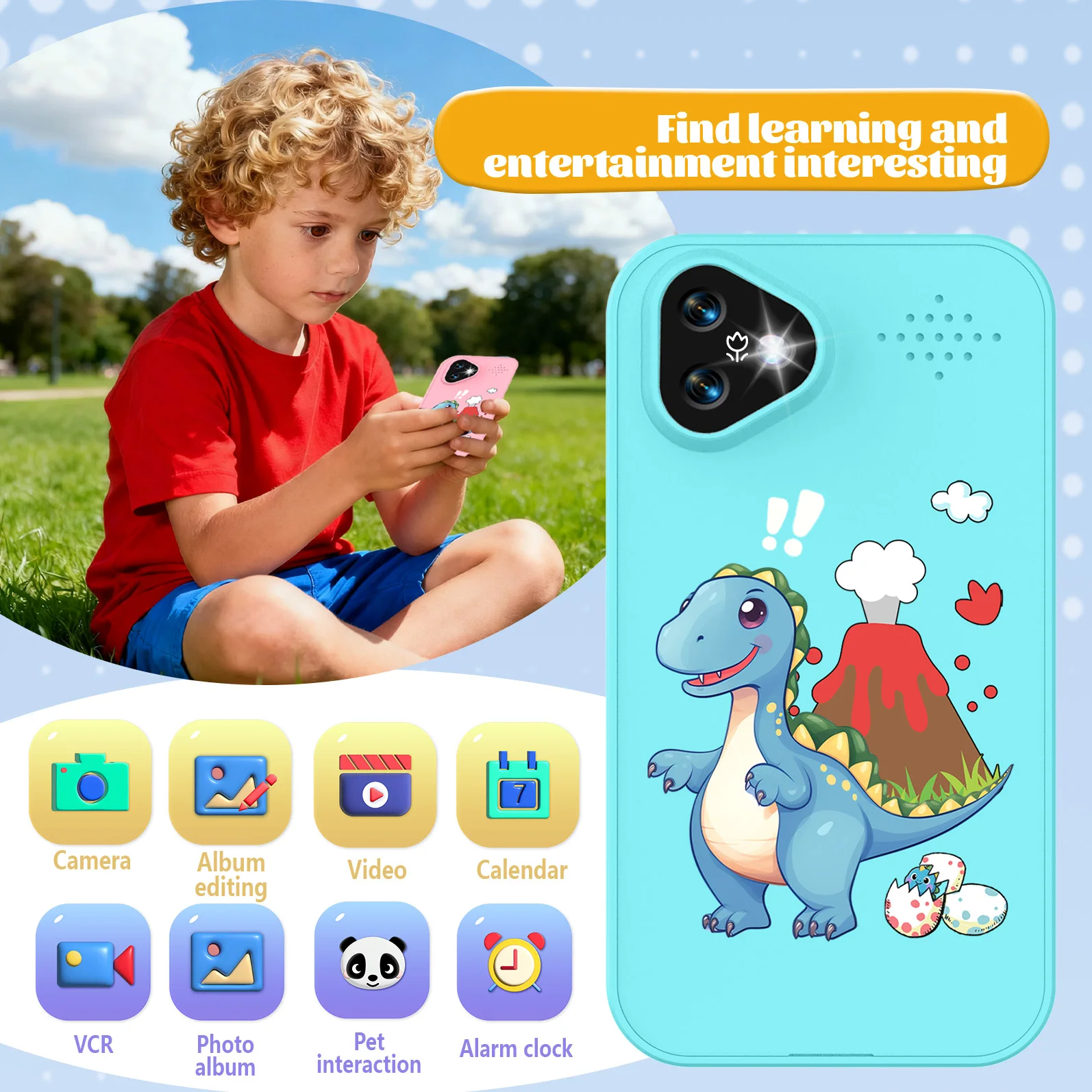 Smartphone pour enfants, double caméra, écran tactile 2,8 pouces, écran tactile, batterie rechargeable, jouet éducatif et lecteur de musique, cadeau