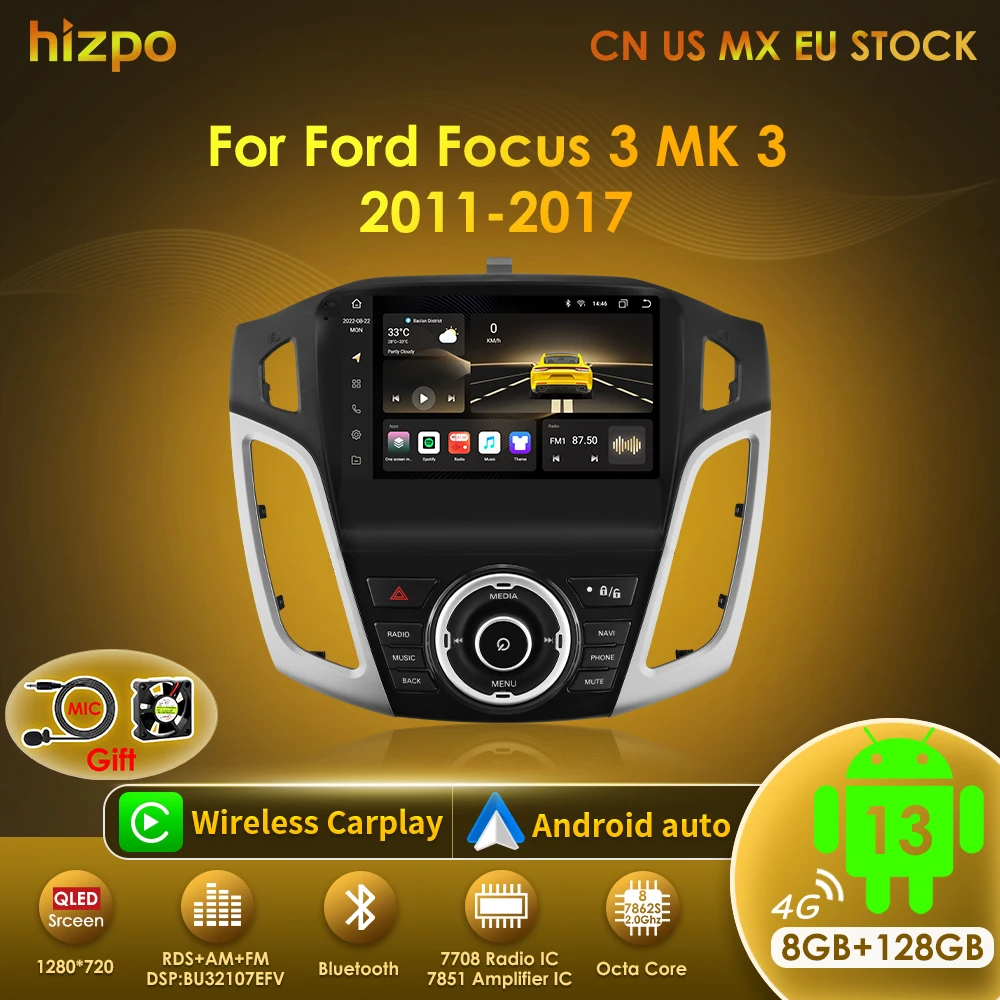 Hizpo Carplay Android 13 Auto Car Radio Multimedia Video Player For Ford Focus 3 Mk3 2012-2017 Stereo GPS Navigation 2din No DVD