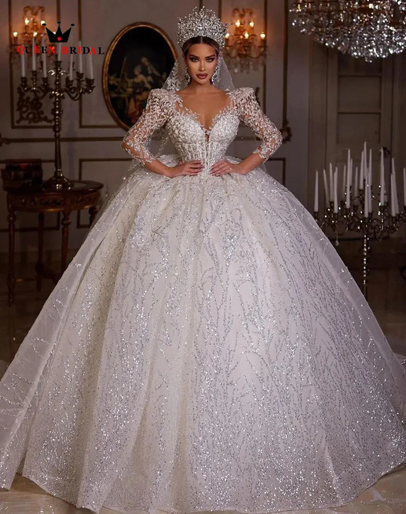 Luxury Wedding Dresses for Women 2023 Bride V-Neck Three Quarter Sleeve Beading Sequined Bridal Gowns    Vestido de novia Custom