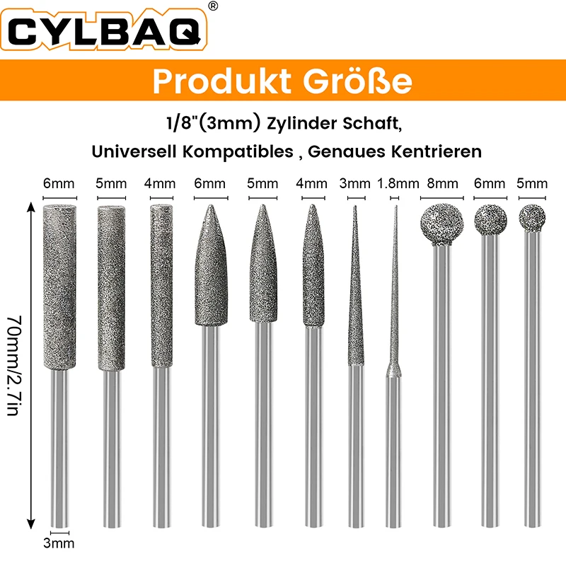 11Pcs Stone Carving Set Diamond Burr Bits 1/8 Inch Shank Polishing Rotary Tools for Grinding Engraving Carving