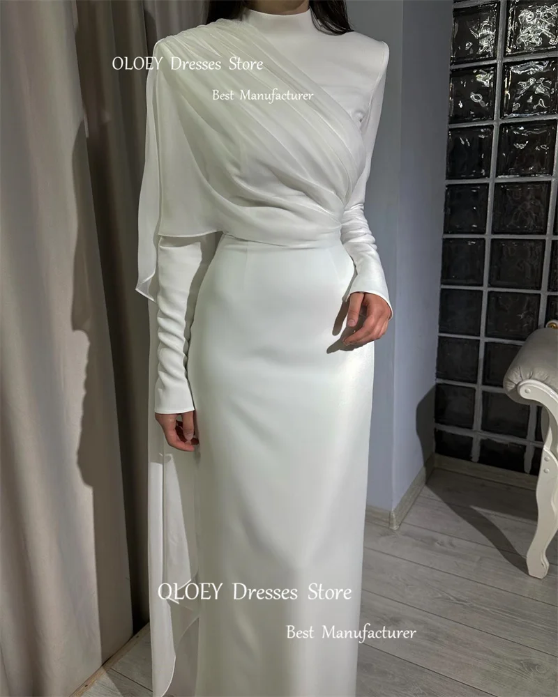 OLOEY Modest White Silk Soft Satin Muslim Arabic Women Evening Dresses Long Sleeves High Neck Vintage Simple Wedding Party Dress