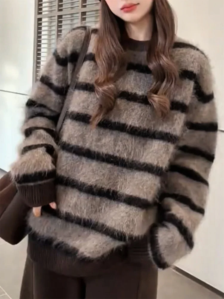 

Lazy Style Striped O-neck Sweater Spring Autumn New Korean Style Contrasting Color Long Sleeved Top Versatile Loose Pullover