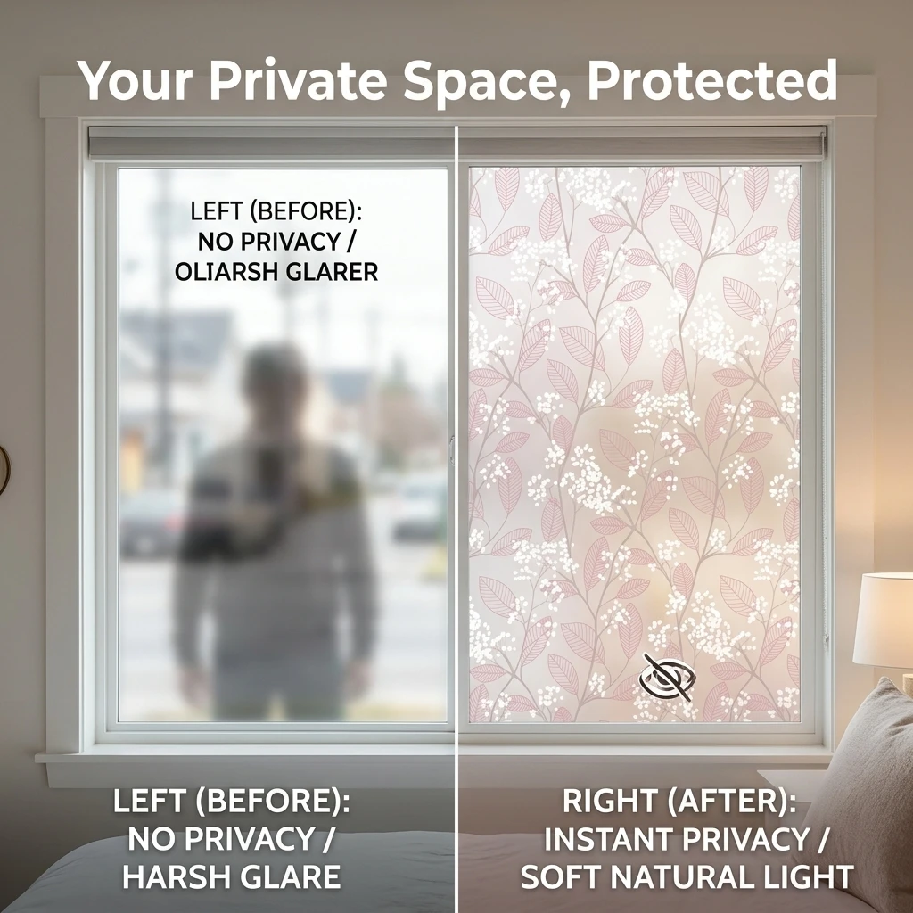 Pink Leaf & White Flower Self-Adhesive Window Film Privacy Frosted Glass Decorative Tint for Bathroom And Bedroom