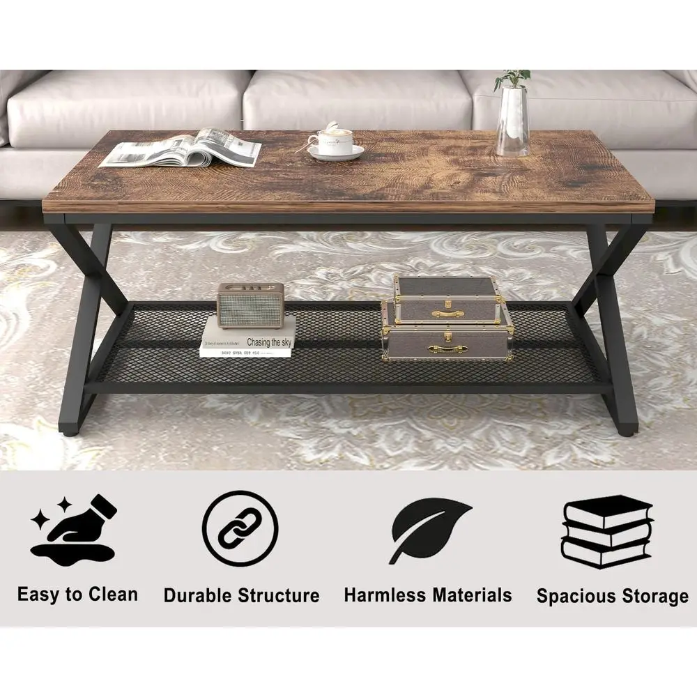 طاولة قهوة ريفية من المعدن والخشب مع مساحة تخزين، 39 نمط مزرعة لغرفة المعيشة أو المكتب أو غرفة النوم #3
