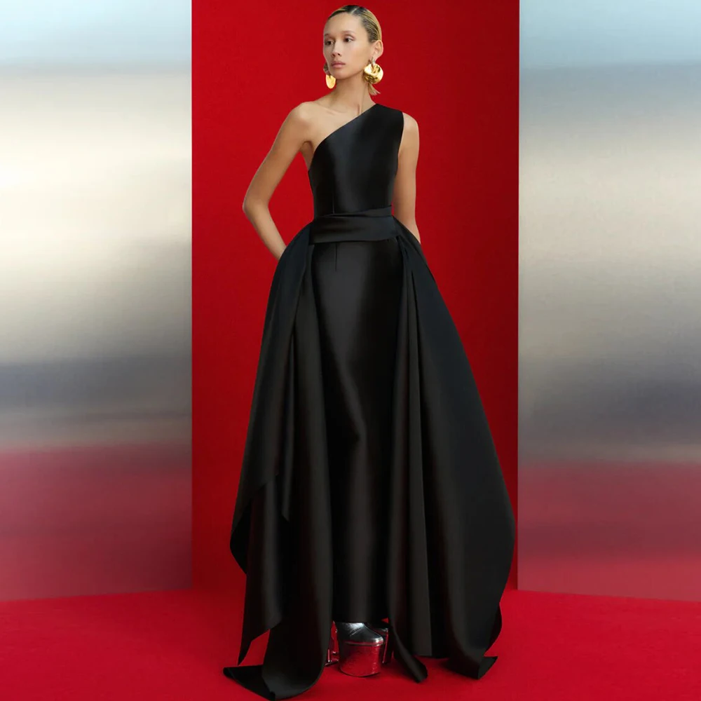 Temperament Women's Evening Gowns Black Satin Draped 2024 Formal Dress Column&Sheath One-shoulder Ankle Length Dresses