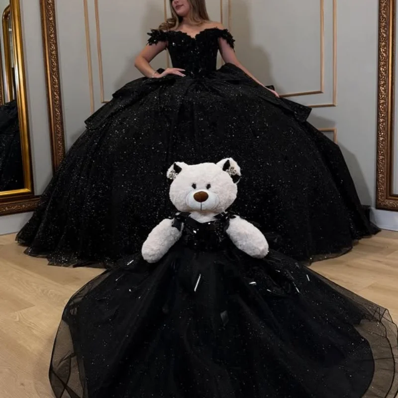 

Customized Shiny Black Quinceanera Dresses Off the Shoulder applique layering flower Long tail Bow Vestido 15 Quinceanera
