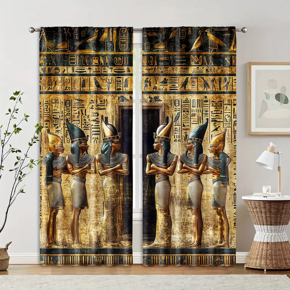 2pcs Ancient Egypt Curtains Gold Pharaoh Hieroglyphic Window Drapes Vintage Egyptian Art Decor Living Room Bedroom