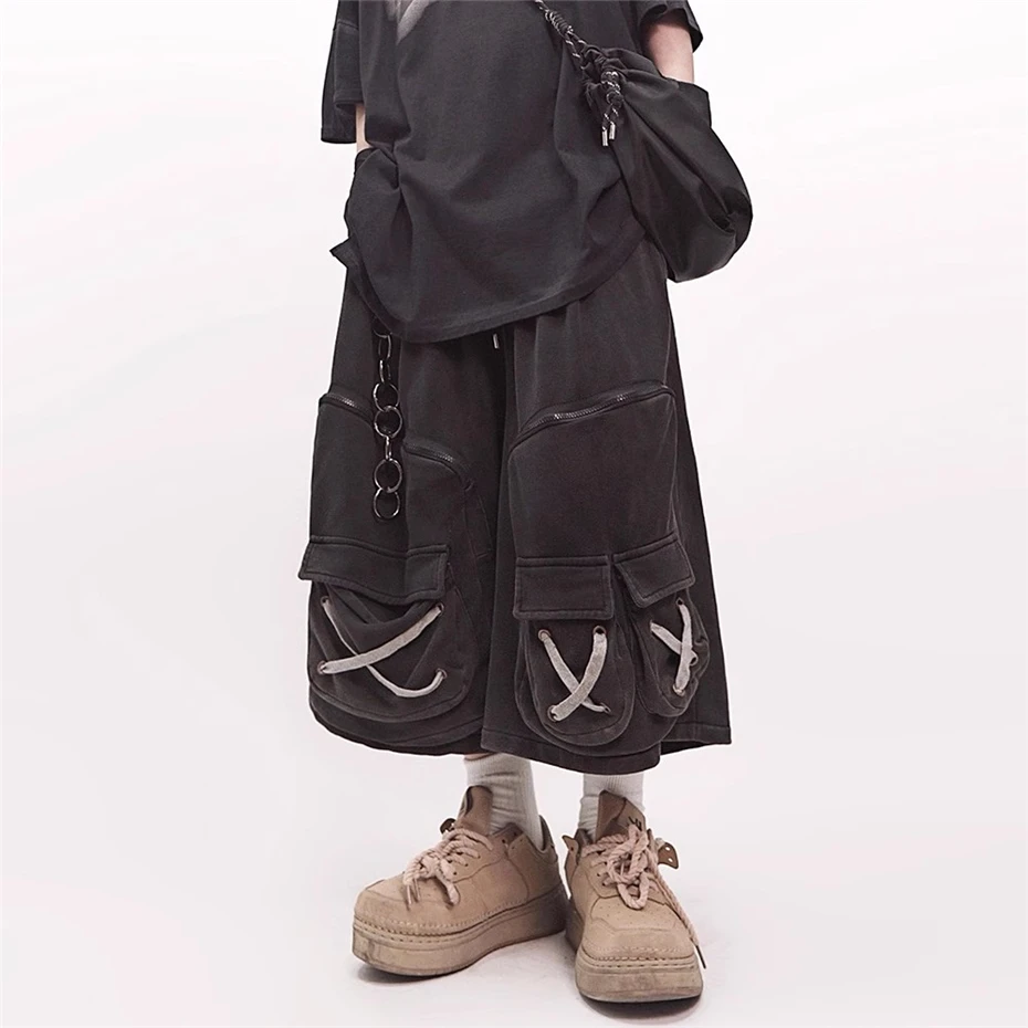 Multiple Pockets Cargo Shorts Mens Streetwear Hip Hop Knee Length Pants Harajuku Vintage Baggy Casual Wide-leg Short Male