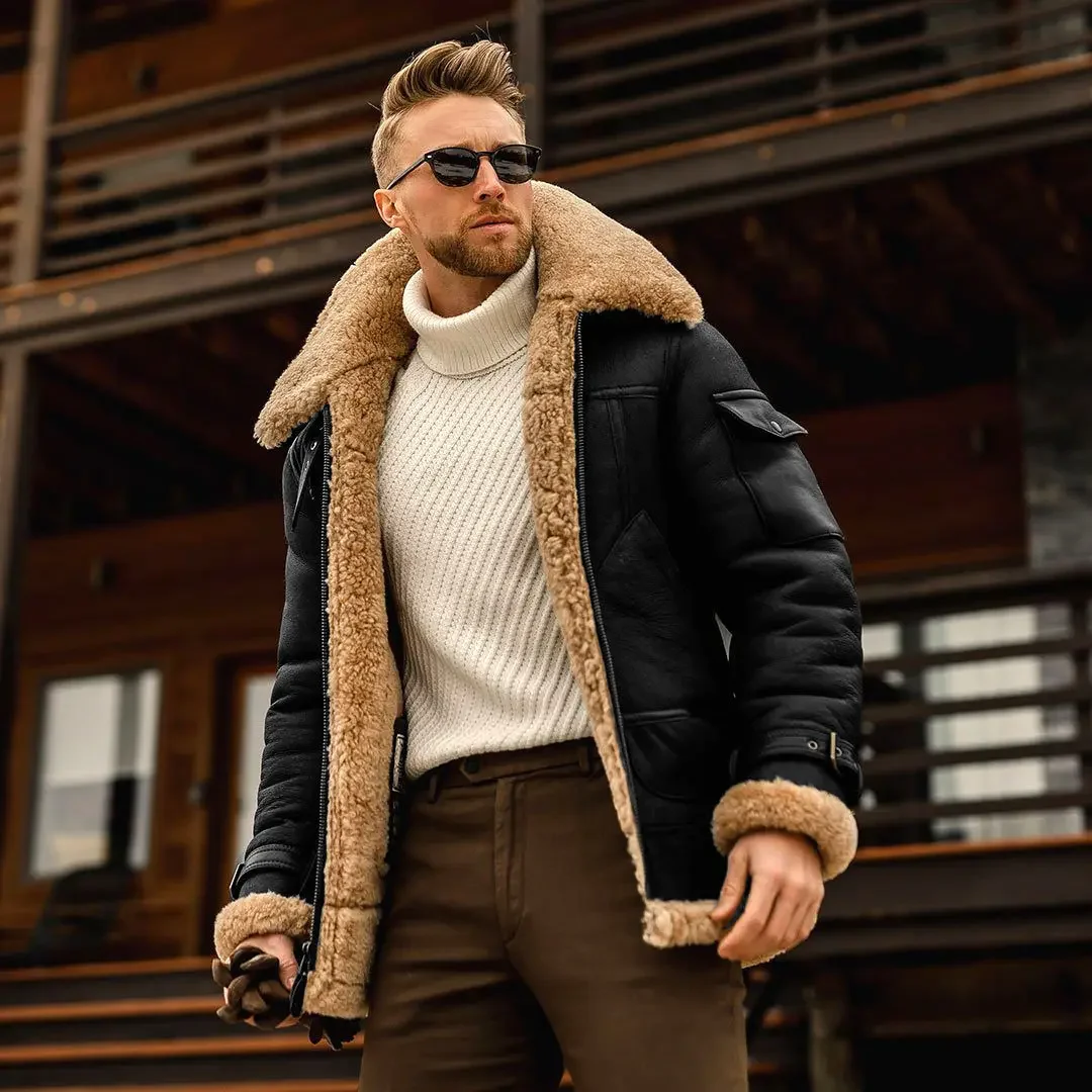 2024 winter men's thickened thermal lapel winter jacket medium and long thick coat fleece coat coat