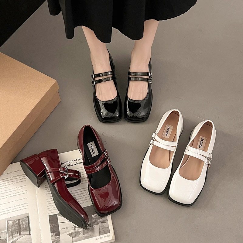 

New Women's Designer Spring Patent Leather Women Mary Jane Shoes Fashion Shallow Square Toe Pumps Casual Dress Low Heel Shoes