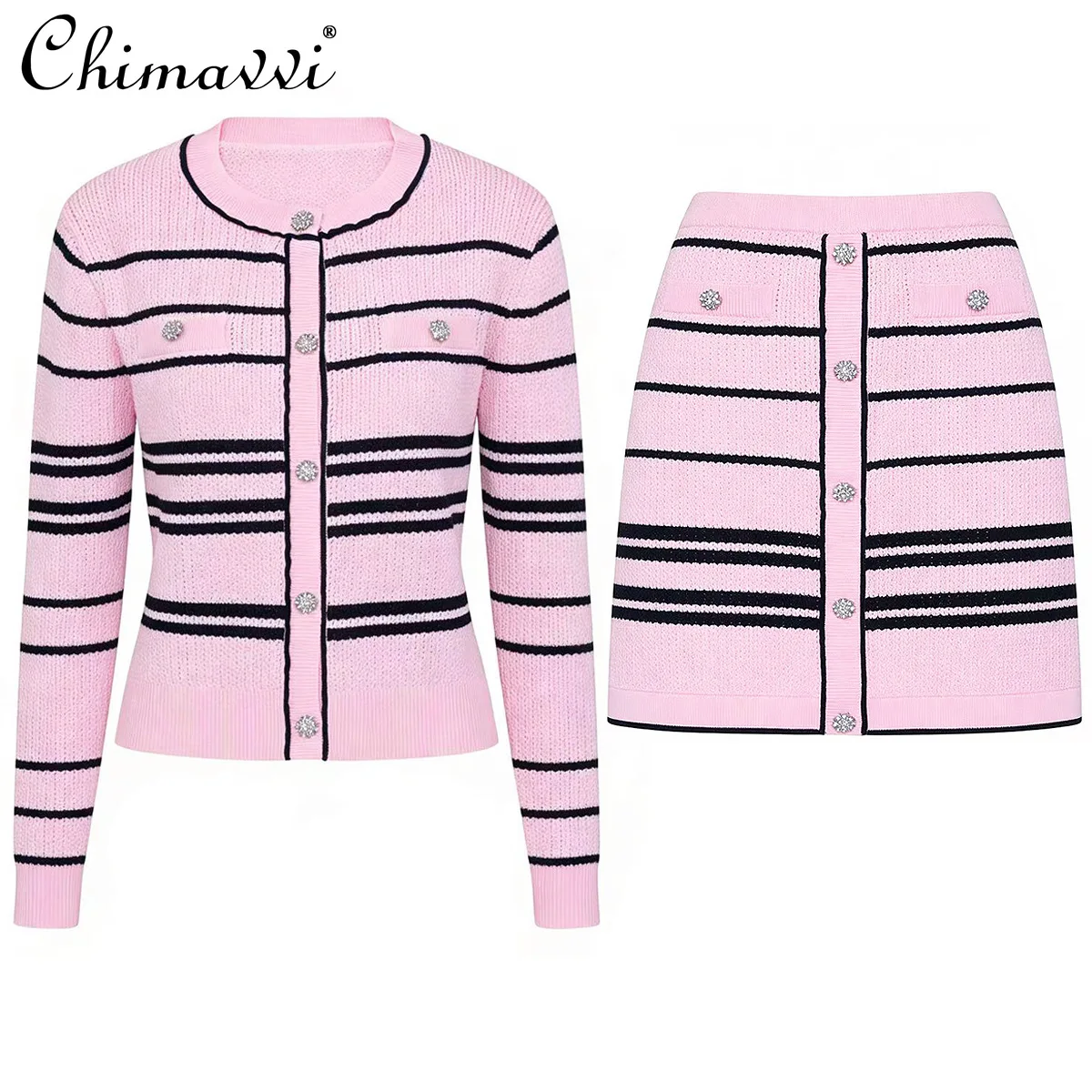 

High-end 2026 Spring Autumn New Fashion Striped Long-sleeve Women's Cardigan Sweater Coat Tops Midi Skirt Two-piece Set