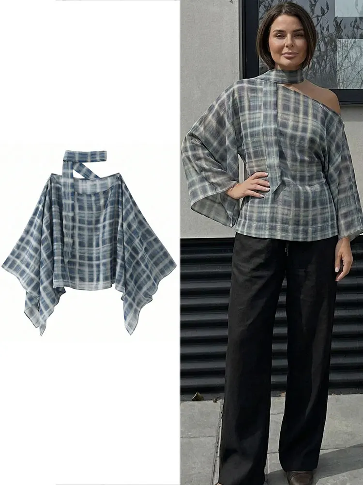 

HH Women Checkered Halter Neck Top Cutout Shoulder Irregular Blouse Loose Sleeve Shirt Trendy Street Fashion For Night Out Club