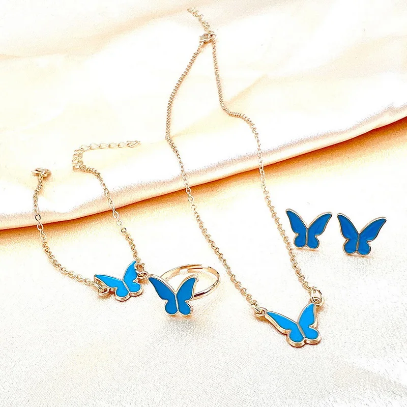 5-teiliges Emaille-Schmuckset mit bunten Schmetterlingsanhängern, Armband, Ohrringen für Damen, romantische Kettenhalskette, Hochzeitsfeier-Charms – Detail 12