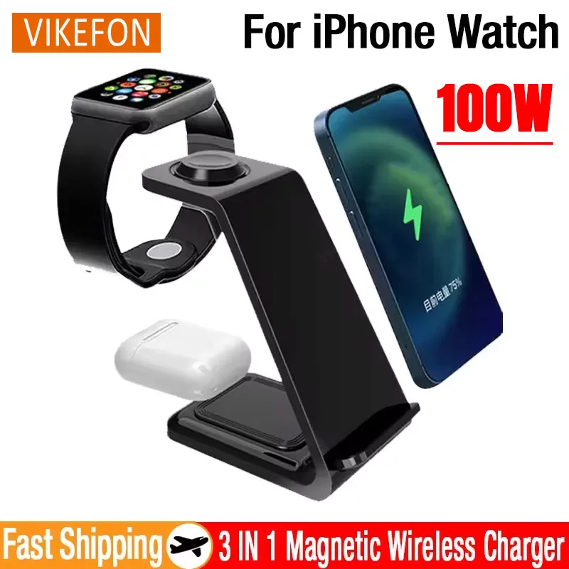 100W 3 In 1 Wireless Charger Stand For iPhone 16 15 14 13 12 Pro Max X 8 XS iWatch 9 8 7  Airpods Pro Fast Charging Dock Station