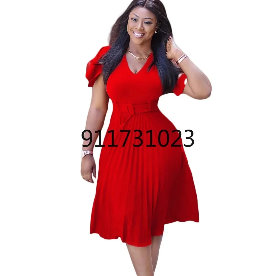 Summer African Dresses for Women 2023 New African Women V-neck Short Sleeve Solid Color Dress African Clothes Women