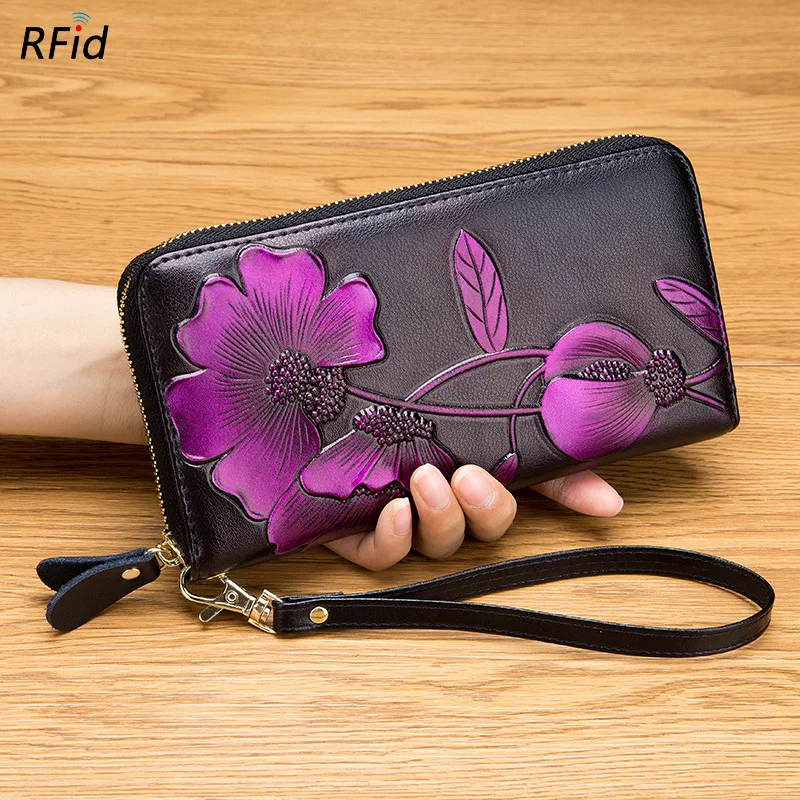 Western RDIF Protecting Handpainting Long Women Wallet Fashion Zipper Design Flower Embossed Leather Purse for Ladies