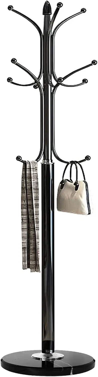 

Metal Coat Rack with Marble Base, 12 Hooks for Jackets, Bags, Scarves - Free Standing Hall Tree Organizer in Black