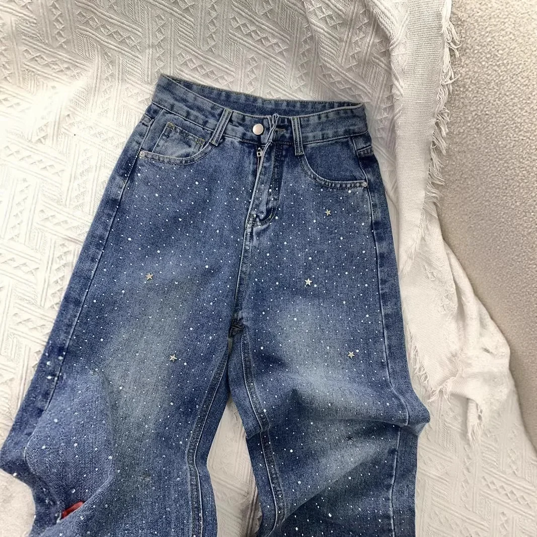 Pant Women Jeans Stars Full Drilling Wide Leg Long Pants High Waist Straight Trousers Elegant Work Casual Basic 2026