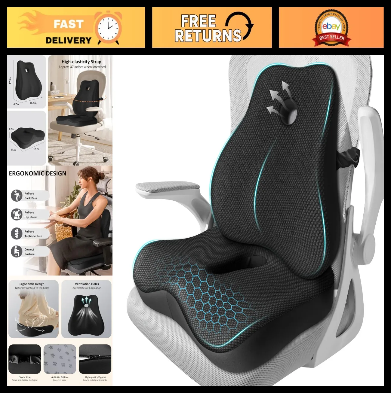 

Ergonomic Memory Foam Seat Cushion & Lumbar Support Pillow for Office Chair, Sci