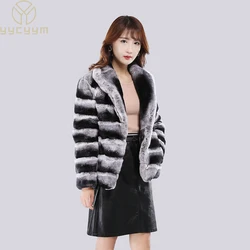 Hot Sale Women Real Fur Coat Large Lapel Collar Short Rex Rabbit Jacket Full Pelt Fur Chinchilla Color Thick Warm Women Coat