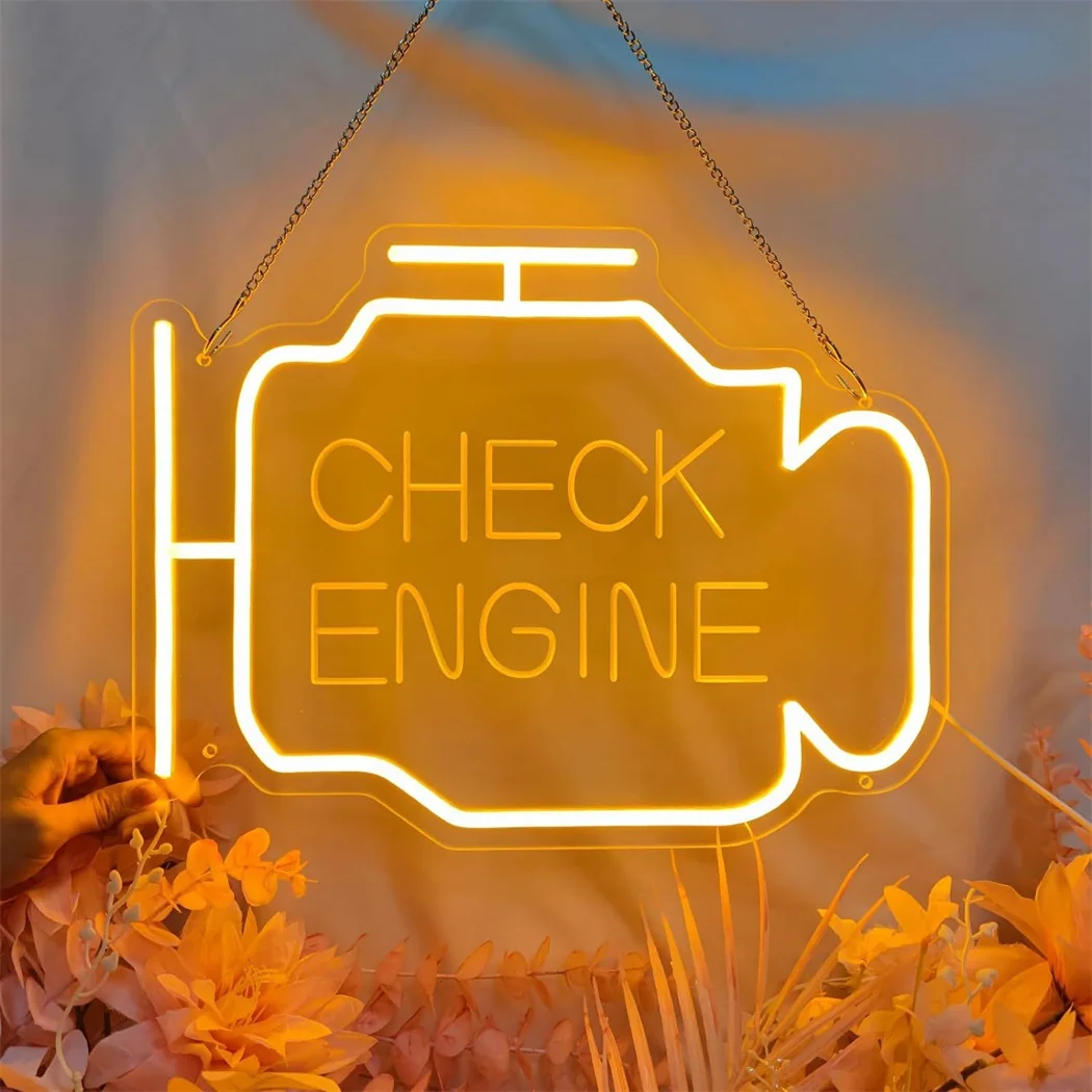 Immagine 3: Insegna LED Neon 'Check Engine' con Luce Ambrata, Alimentazione USB, Decorazione da Parete per Camera da Letto, Garage, Feste e Ambienti Commerciali