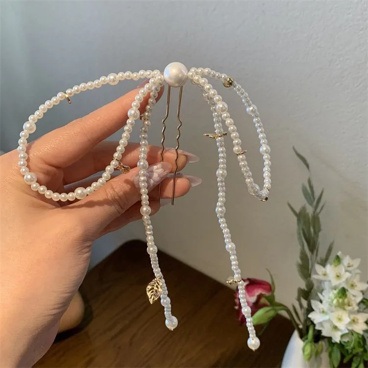 Beaded Pearl Bow Hair Clip Stick Set Elegant 2024 New Half Up Back Head Snap Barrettes Chic Hairpins Headwear Women Gift