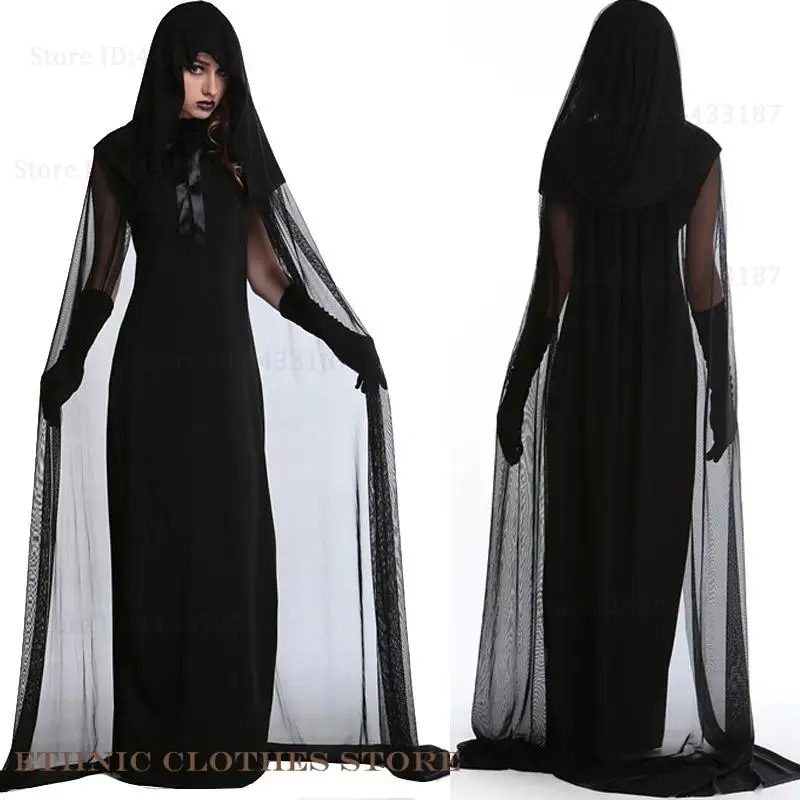 

Easter Makeup Ball Ladies Dress Outfit Halloween Vampire Bride Witch Cosplay Costume Hooded Mesh Cloak Dress Performance Suit