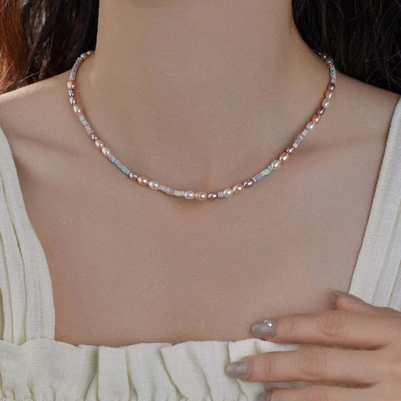 Minar INS Fashion Candy Color Natural Stone Rice Freshwater Pearl Beads Beaded Necklace for Women Real Gold Plated Copper Choker