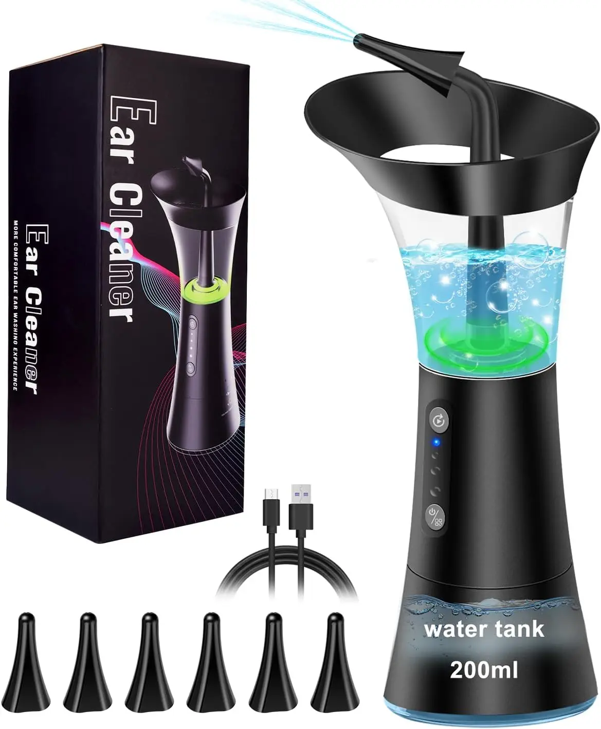 

Электрический очиститель для ушей с 4 режимами давления, датчиком температуры, водонепроницаемостью IPX7, 6 насадками и управлением одной рукой