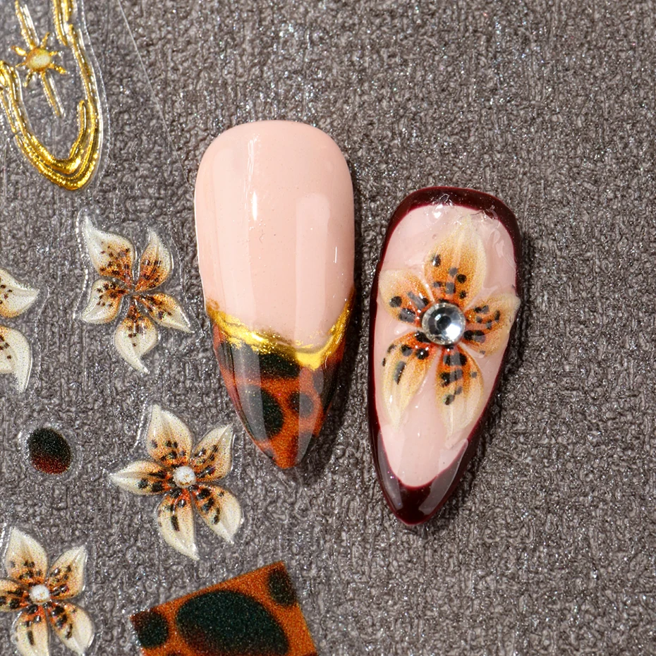 2 uds 5D en relieve Hada marrón flor de orquídeas pegatinas de uñas líneas bronceadoras doradas estrellas deslizadores adhesivos para uñas DIY dijes Deco