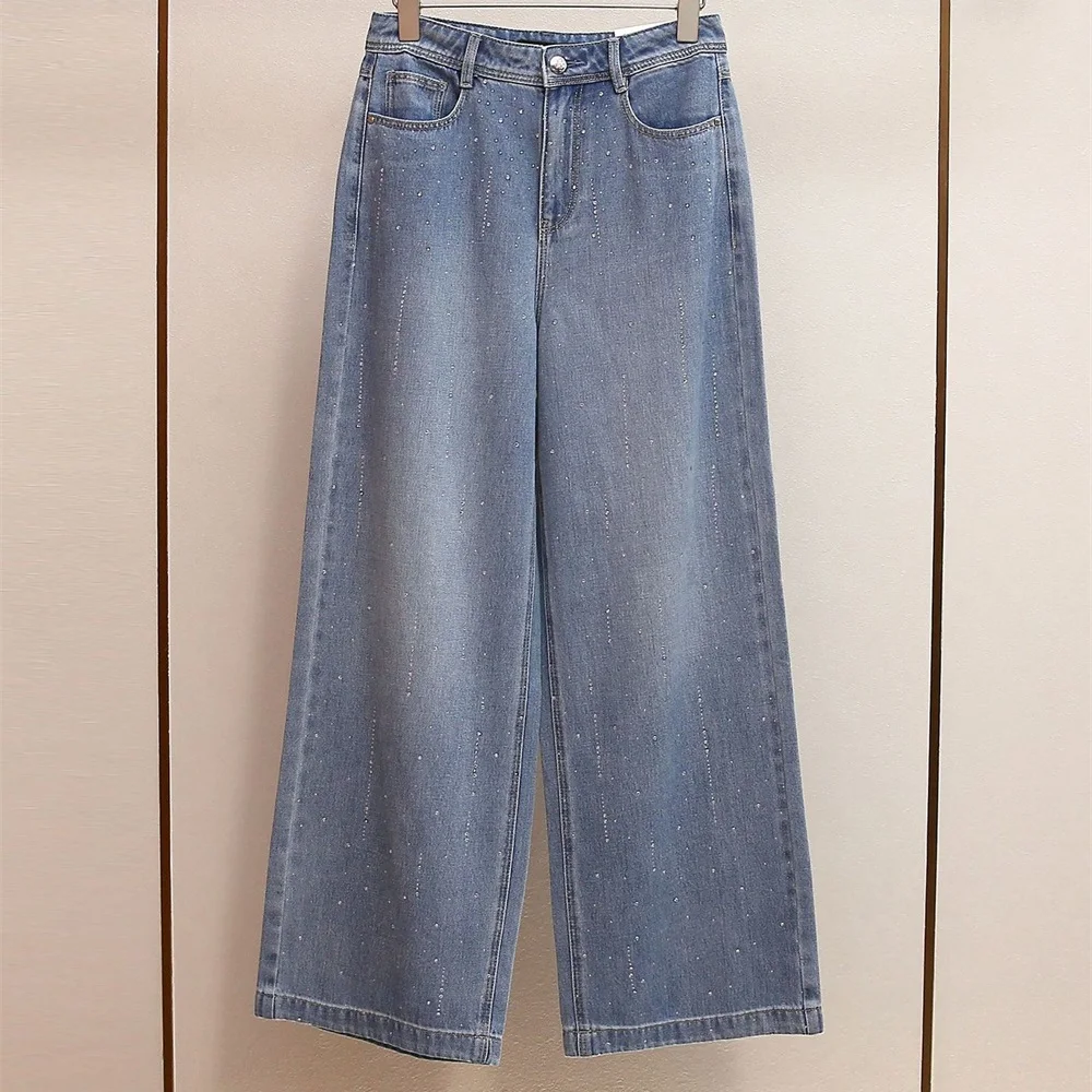2025 Ropa de mujer Jeans, algodón puro, diamantes de imitación, corte holgado, cintura alta, pantalones de pierna ancha, nuevo sujetador de pantalones de alta calidad Y2K