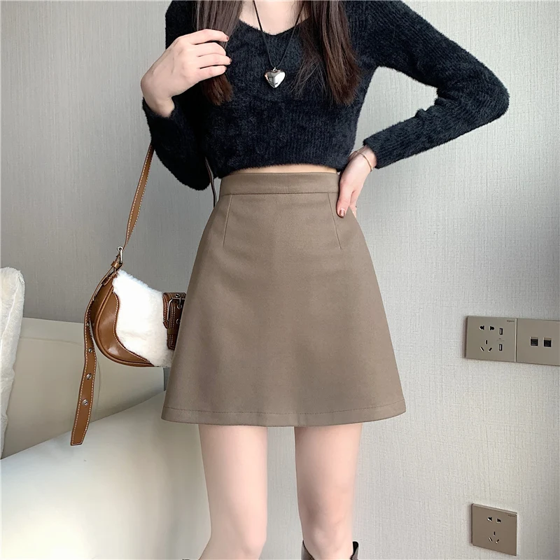 

New Autumn Winter Woolen Mini Skirt Women Fashion High Waist A-line Wool Blend Short Skirts Ladies Solid Casual Basic Skirts