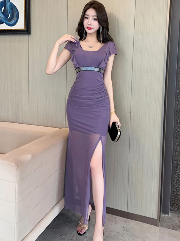 2025 새로운 화이트 메쉬 패치 워크 쉬어 섹시한 슬릿 롱 드레스 여성 짧은 소매 스퀘어 칼라 드레스 여름 우아한 럭셔리 댄스 파티 드레스