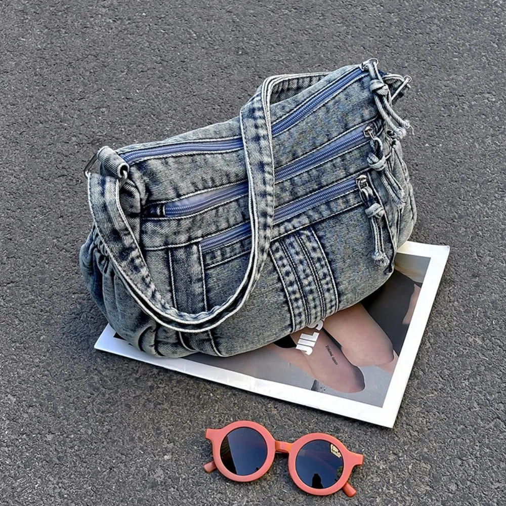 

All-Match Retro Denim Cowboy Crossbody Bag High Capacity Zipper Women'S Armpit Bag Canvas Vintage Denim Shoulder Bag Girls