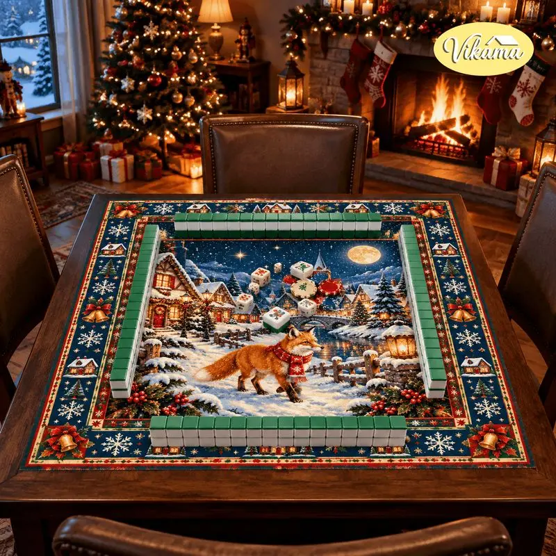 VIKAMA Christmas Mahjong Mat Fox Snowy Town Clock Tower Moon Foldable Mahjong Table Mat Cover Table Game Holiday Party Decor