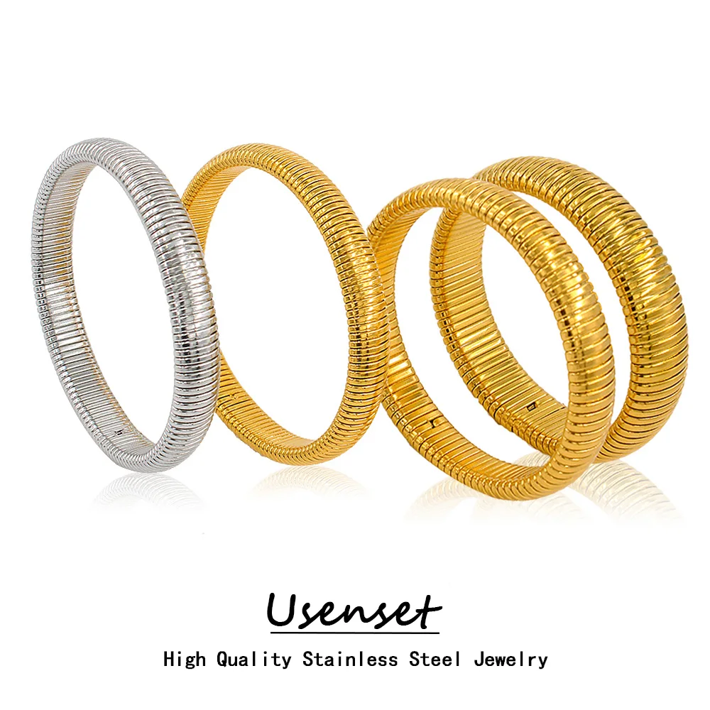 USENSET Waterproof Stainless Steel Elastic Bracelet Women 18k Gold Plated Charm Punk Wide Chunky Metal Spiral Bangle pulseras