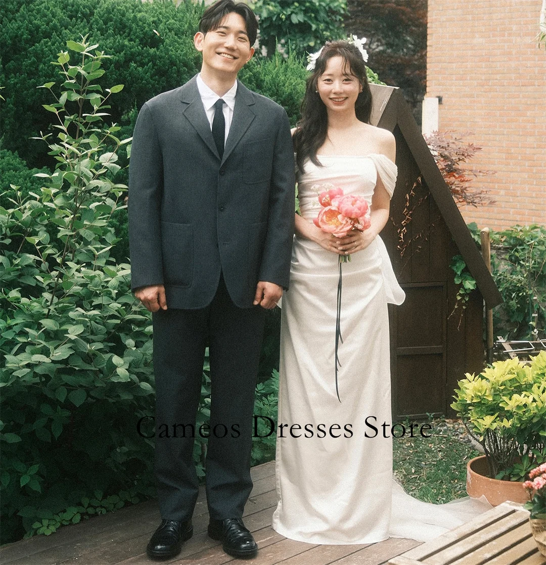 Sondr personalizado fora do ombro cetim de seda ruched vestidos de casamento até o chão espartilho marfim vestidos de noiva femininos