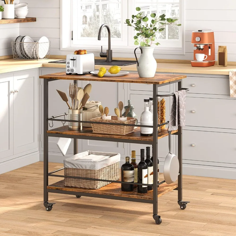 

Kitchen Island with Storage,Industrial Kitchen Counter with Hooks and Side Enclosures, 3 Tier Kitchen Cart with Large Workstati