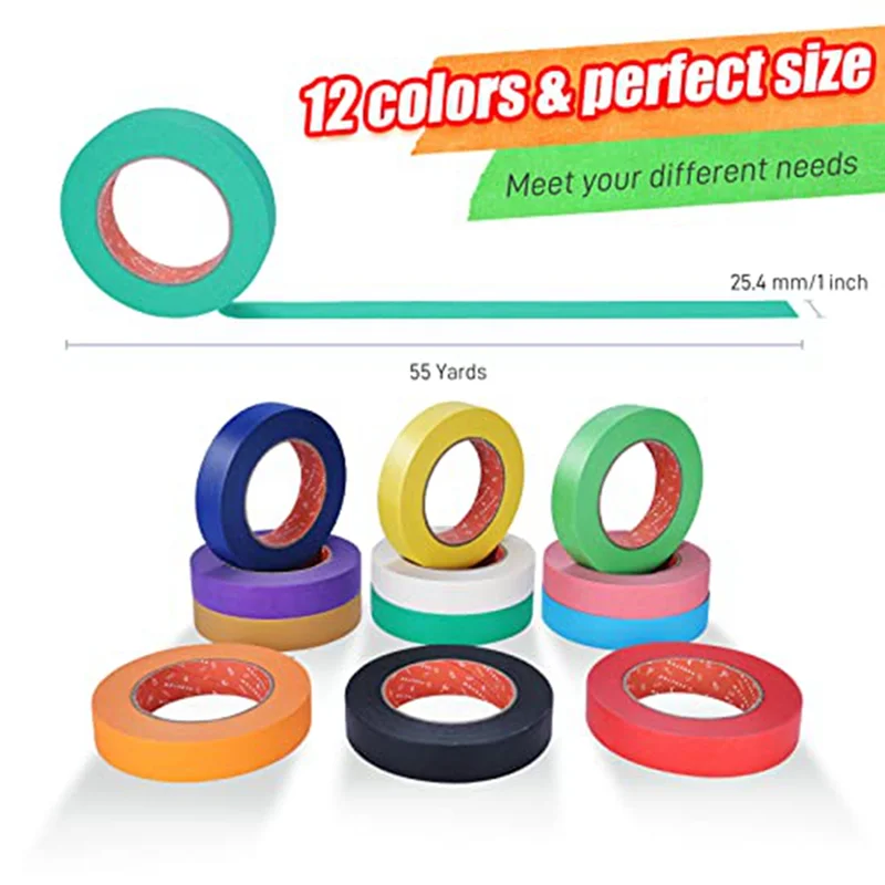 Ingenious-Colored Masking Tape Bulk Multi Rainbow Color Craft Tape 1, 980 Feet X 1 Inch Of 12 Colors Fit For Kids