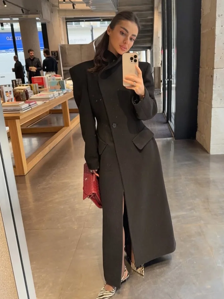 

Elegant Woolen Long Coat Women Black Button Stand Collar Pocket Slim Lady Jacket 2026 Chic Winter Spring Female Outwear New