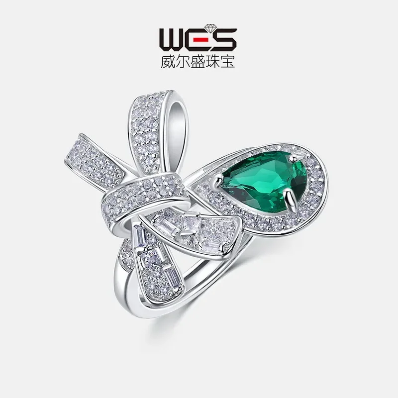 Bow Full Diamond Color Baby Stone PT950 Platinum Ring 18K Gold Cultured Emerald Personalized Ring