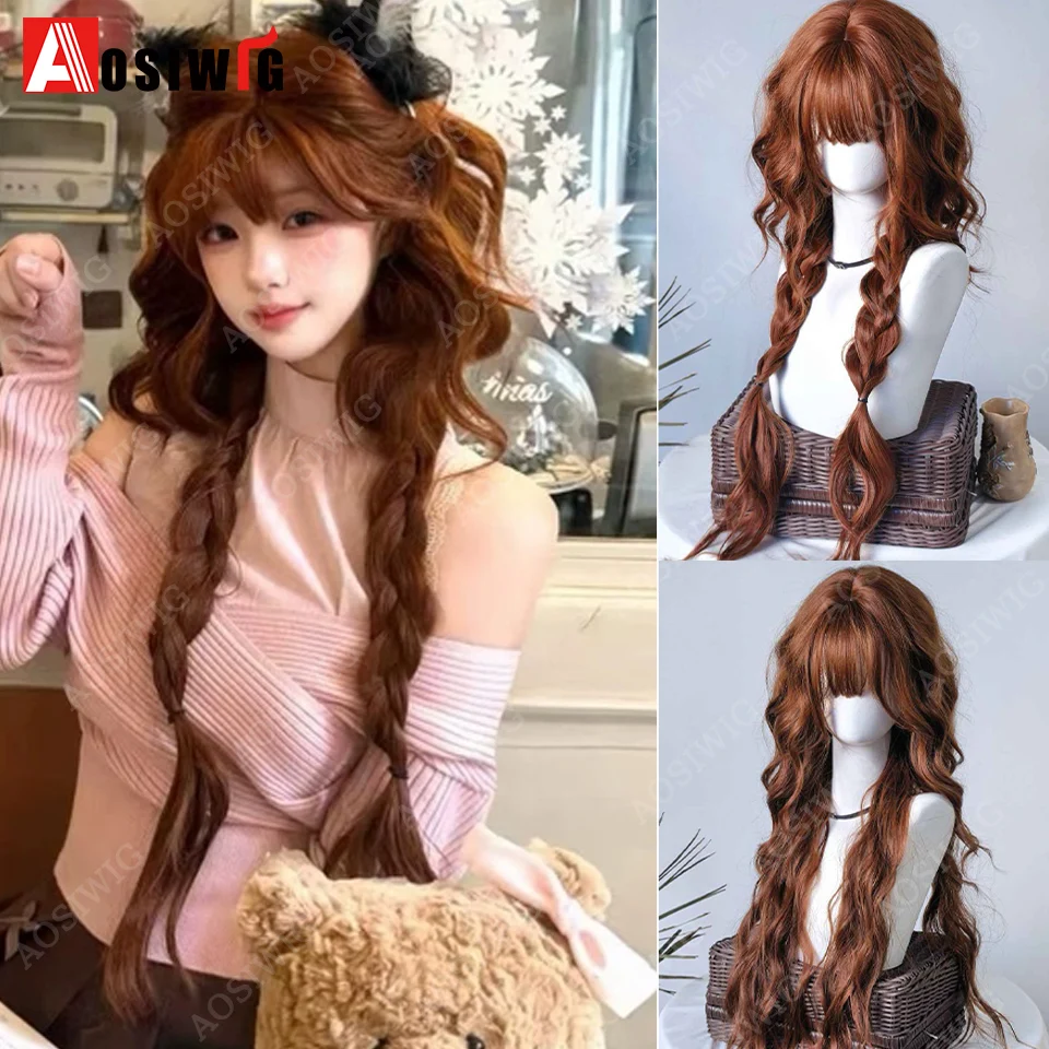 Synthetic Long Ginger Orange Brown Wavy Braid Wigs with Bangs Lolita Cosplay Halloween Hair Wigs for Women Heat Resistan