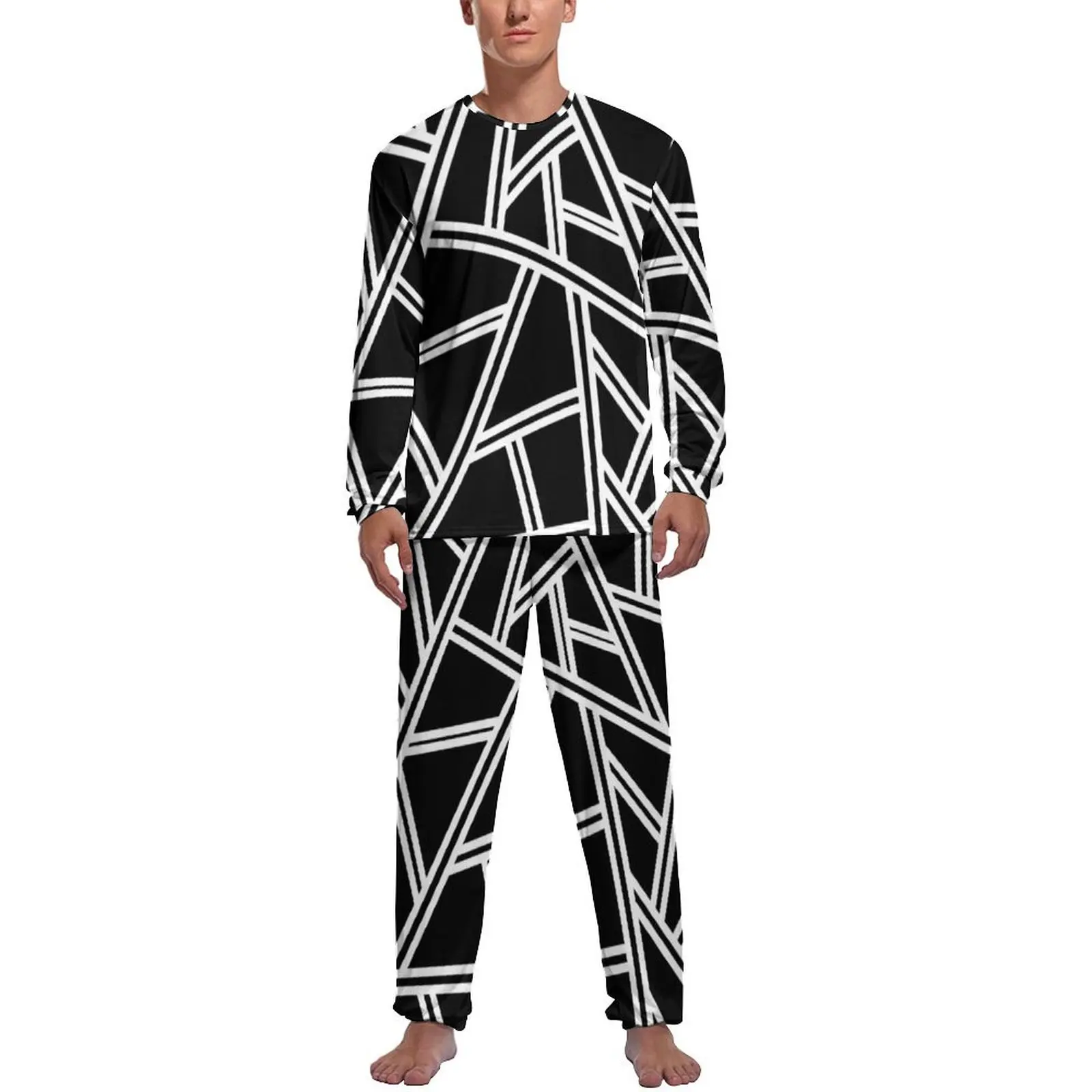 Abstract Geometry Pajamas Autumn Black Lines Print Casual Nightwear Male Two Piece Design Long-Sleeve Fashion Pajamas Set