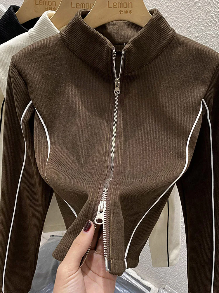

Модный женский кардиган на молнии с воротником-стойкой, приталенный, с длинными рукавами, короткая верхняя одежда в корейском стиле для повседневной носки весной и осенью
