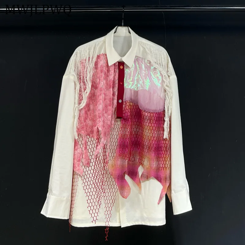 

MWJLPWQ Web Hollow Out Design Розовая рубашка с длинным рукавом для мужчин с лацканами High Street Women 2025 Новый свободный повседневный топ Autumn Tide 11287