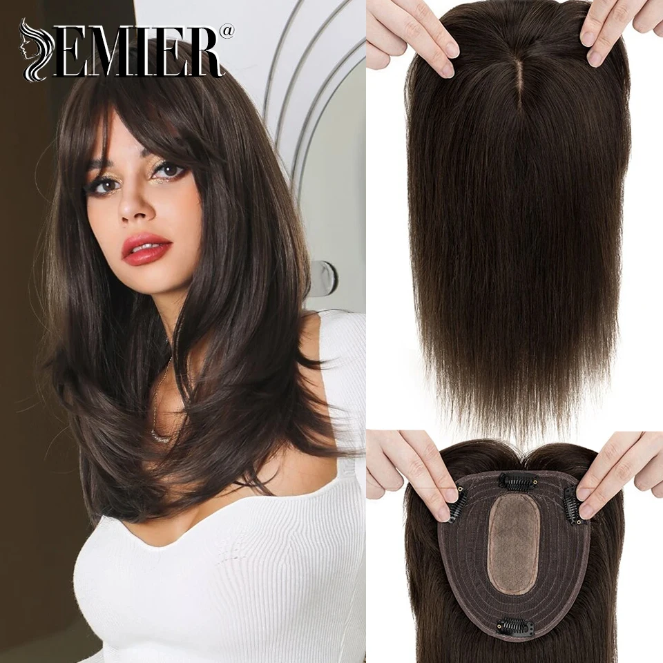 Top Base de seda Topper com Clipe em 12x13cm para As Mulheres, Cabelo Humano Real Toupee, Cabelo Natural Preto Extensões