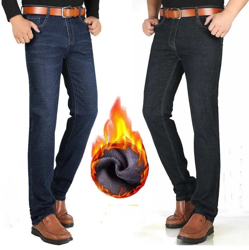 

Осенне-зимние флисовые джинсы для мужчин, большие эластичные джинсы с высокой талией, брюки удлиненной длины, подходящие для высоких мужчин